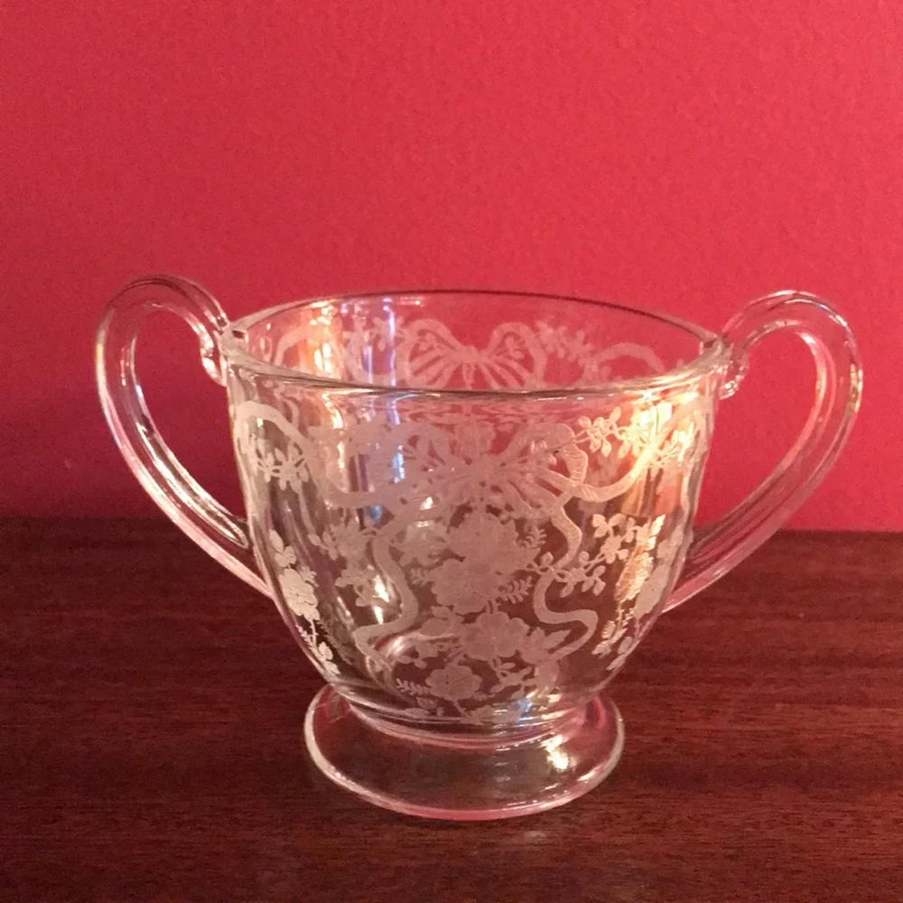 Antique Vintage Etched Roses & Ribbons Bows Sugar Bowl & Creamer Glass Set